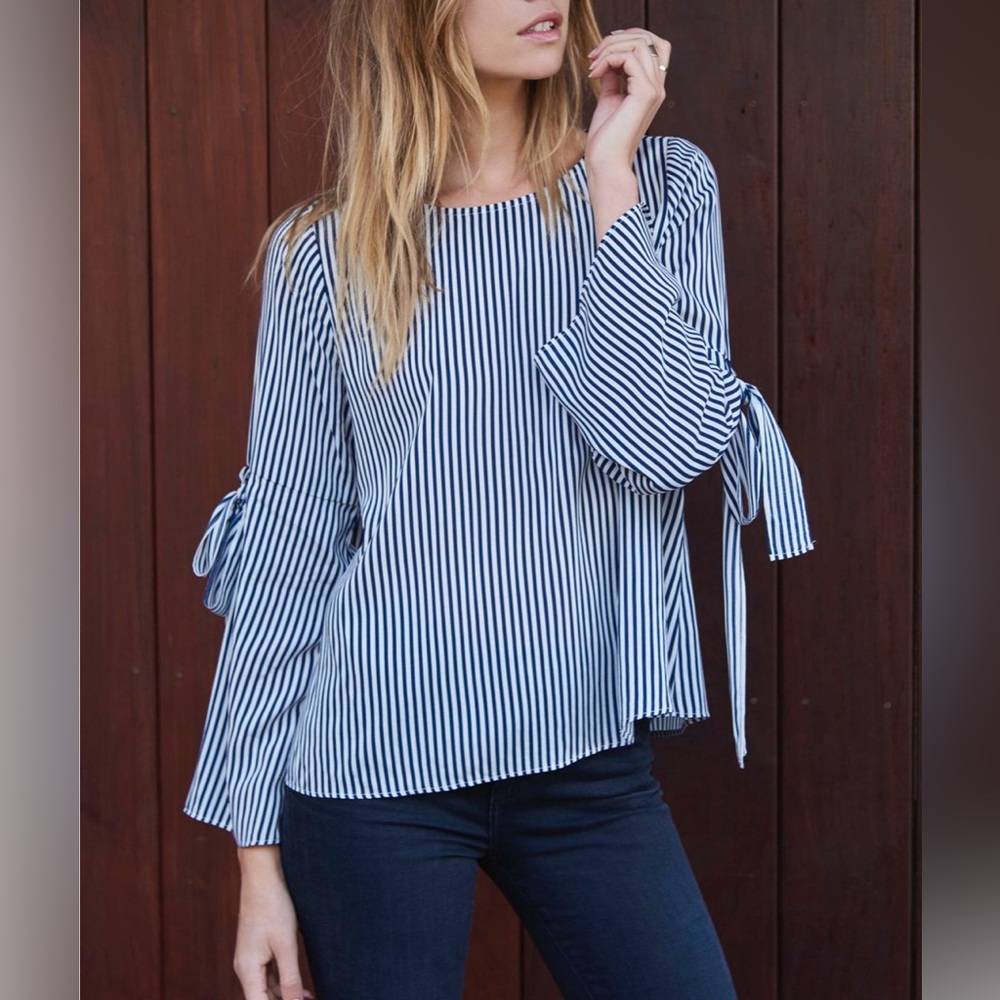 Velvet by Graham & Spencer Adia Vertical Stripe Bell Sleeve Top Size Small